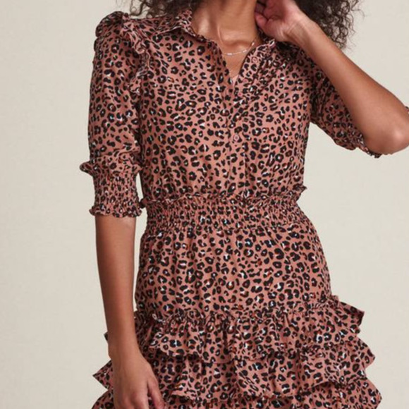 THE SHIRT Taylor 3/4 Sleeve Tiered Mini Dress Blush Leopard TS21W8012BL Medium M - Picture 5 of 6